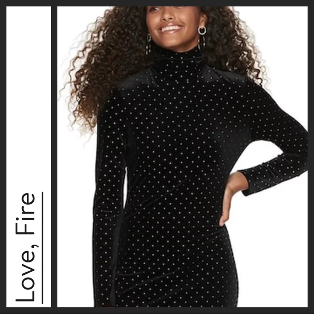 Love, Fire Black Velvet Gold Studded Long Sleeve Dress